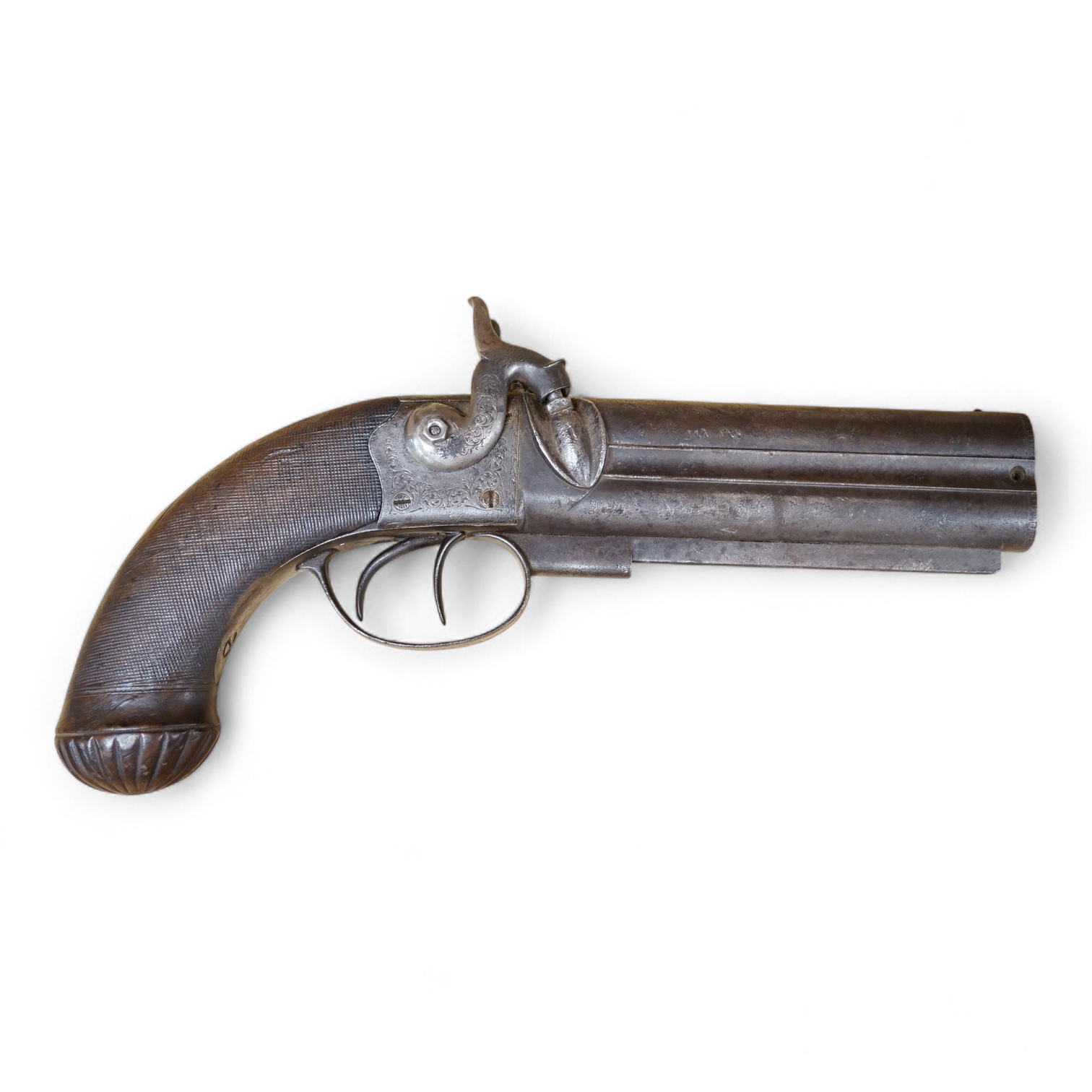 A double barrel over and under 16 bore percussion holster pistol by J. Beattie, barrels 14cm, London proofed, engraved; J. Beattie, Regent Street, London, with foliate engraved boxlock action and finely chequered walnut